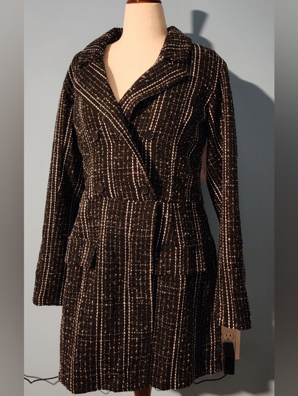 VENUS Black Tweed Double-Breasted Pea Coat Jumper with White Stitching